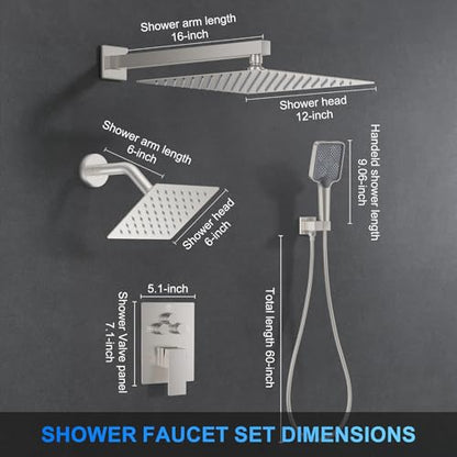 Woindo Shower Faucet Set, 12" Wall Mount Rainfall Shower System with 2 Rain Shower Head and Multi-function Handheld Head Push Button Diverter Shower Faucet Trim Kit - color: Brushed Nickel, style: 12"-Wall-01