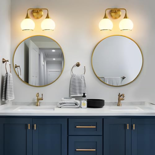 Brushed Gold Bathroom Light Fixtures 2-Lights Vanity Lights with Milky White Frosted Glass Shade Bathroom Vanity Light 14 inch Wall Sconce Lighting Bath(Exclude E26 Bulb) - color: Gold & Milky White, size: 2 Light
