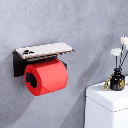 LANC Black Toilet Paper Holder with Shelf, Toilet Paper Roll Holder with Phone Shelf for Bathroom Kitchen Wall Mounted, 304 Stainless Steel TP Holder,Matte Black Left, A8367MB-LF - color: Matte Black, size: Left