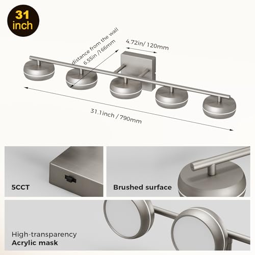 Vanity Light Fixture, 31.1 Inch 5-Light Bathroom Vanity Lighting with Brushed Nickel Finish, 5CCT Adjustable Wall Light, Dimmable Hardwired Vanity Fixture for Large Mirror, Modern Bath Spaces - size: 31 Inch Long