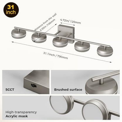 Vanity Light Fixture, 31.1 Inch 5-Light Bathroom Vanity Lighting with Brushed Nickel Finish, 5CCT Adjustable Wall Light, Dimmable Hardwired Vanity Fixture for Large Mirror, Modern Bath Spaces - size: 31 Inch Long
