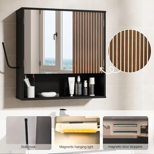 Bathroom Cabinet with Mirror & LED, Wall Mounted Bathroom Cabinet,Side Hook | Magnetic mirror Door,Detachable magnetic Light ,Adjustable Shelves,Side Hook,Open Bottom Shelf,Wood Grain,Over Toilet Mount - color: Black&walnut