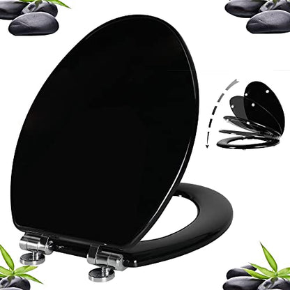 Angel Shield Toilet Seat with Zinc Alloy Hinges Quiet-Close Quick-Release Wood Molded UV Lid Easy Clean(Elongated,Black) | Soft Close Quick Release Metal Hinges, Adjustable Fit for Standard Elongated Toilets, Easy Install&Clean(Black) - color: Black, size