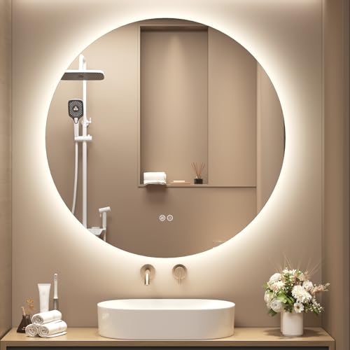 SMIROR 30 inch Round Led Backlit Lighted Bathroom Mirror for Wall | Circle Vanity Mirror with Lights, Anti-Fog, 3 Colors, Dimmable, Memory, Tempered Glass, Wall- Mounted - size: 30"L x 30"W