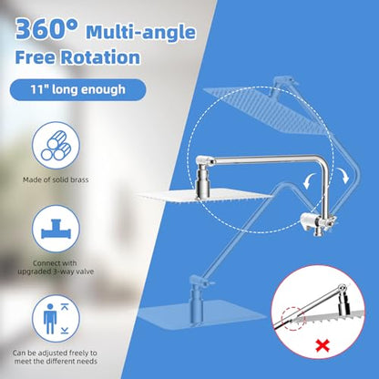 8" Metal Rainfall Shower Head with 10-Mode Handheld, Chrome | NSF/ANSI/CAN 372 Certified, High Pressure Showerhead Combo with 11" Adjustable Shower Arm, 71" Hose, Shower Head Holder - color: Chrome, style: Square 8"