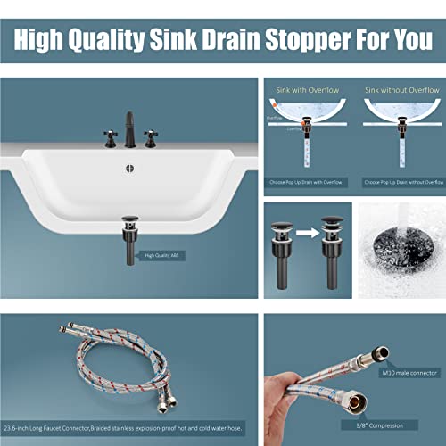 Widespread Bathroom Faucet 3 Hole Sink Faucet 8 Inch Two Cross Handles Solid Brass Deck Mount Pop Up Drain Assembly Included Curved Spout Matte Black - color: Matte Black