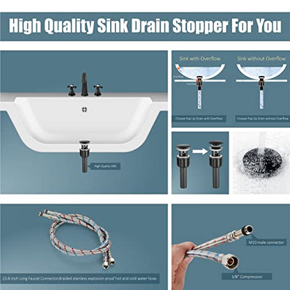 Widespread Bathroom Faucet 3 Hole Sink Faucet 8 Inch Two Cross Handles Solid Brass Deck Mount Pop Up Drain Assembly Included Curved Spout Matte Black - color: Matte Black