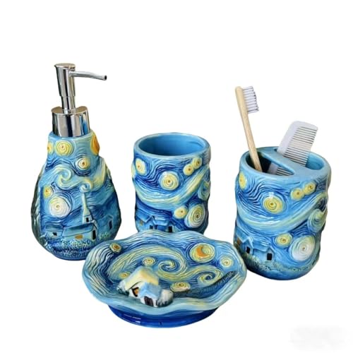 4 Piece Van Gogh Starry Night Ceramic Bathroom Accessory Set, Blue Art Decor with Soap Dispenser, Toothbrush Holder, Tumbler, Soap Dish