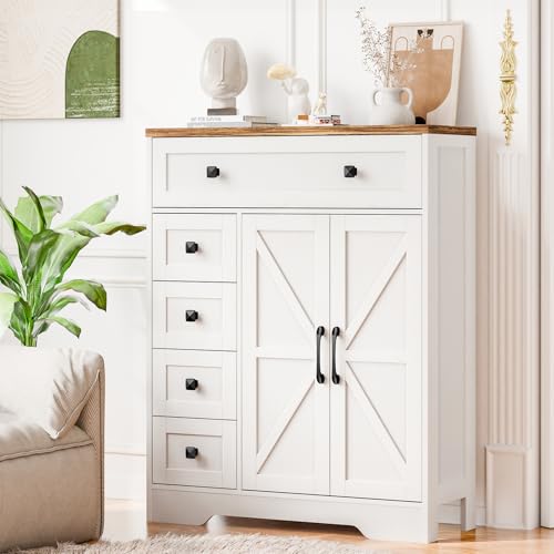 Vabches Farmhouse Storage Cabinet with 2 Doors and 5 Drawers, Unique White | Freestanding Bathroom Cabinets, Kitchen Pantry, Floor Storage Cabinet Hutch Cupboard for Living Room/Bathroom/Kitchen - color: Unique White, style: 5 Drawers
