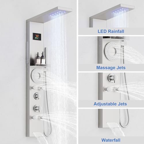 RUMOSE Brushed Nickel Shower Panel Tower System, 5-Mode Shower Faucet Set | LED Light Rainfall Shower Head Digital Display with Massage Jets Tub Spout Shower Shelves, Stainless Steel, Wall Mount - color: Brushed Nickel