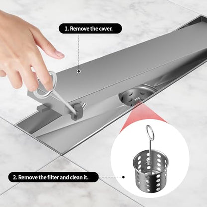 Linear Shower Drain, 304 Stainless Steel with Adjustable Leveling Feet, Hair Strainer,Reversely Install Place to Create an Invisible Floor Drain - Silver -16-Inch - color: Silver, size: 16inch