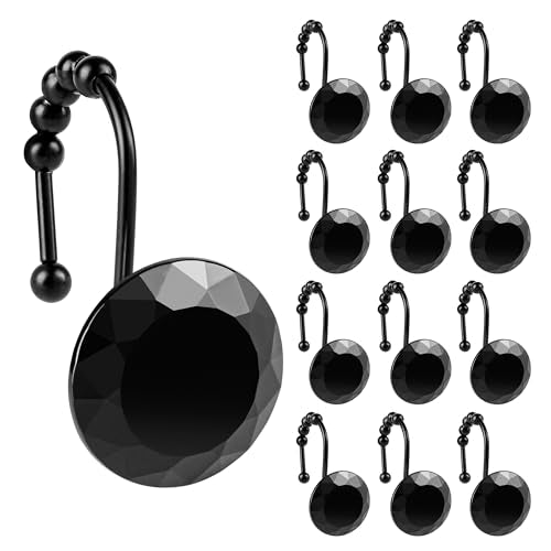 Sunlit Luxury Design Round Black Diamond Crystal Gem Bling with Glide Balls Shower Curtain Hooks with Black Hooks, Rust Proof Metal Rhinestones Glam Decorative Shower Curtain Rings, Set of 12 - color: Black With Black Hooks