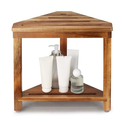Acacia Wood Shower Stool for Shaving Legs, Corner Bath Shower Bench | Shower Foot Rest with Storage Shelf for Inside Small Shower Spaces, Waterproof Shower Foot Stool for Inside Shower