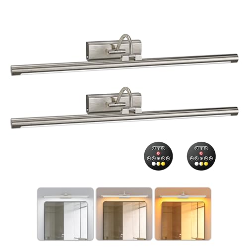 Vanity Bathroom Lights Brushed Nickel Wireless Light for Bathroom 2Pack | 10000mAh Rechargeable Battery 24in, 500LM Dimmable, Remote Control, No Wiring, 3CCT with 250° Rotatable for Bathroom Mirror - color: Nickel, size: 2 Pack