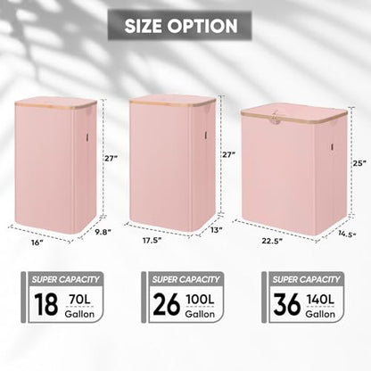 BALEINE Laundry Hamper with Lid, Tall Laundry Baskets with Bamboo Pull Handles, Large Laundry Bin with Internal Support (18 Gal/70L, Pink) - color: Pink, size: 70 liters