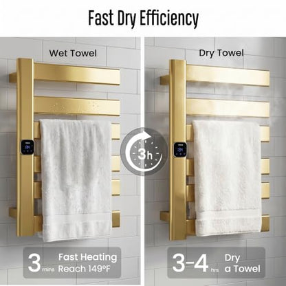 Towel Warmer, Heated Towel Rack with Built-in Timer and Temperature Control,Hard-Wired(Left-Wiring)/Plug-in Wall-Mounted Towel Rail, Aluminum, 18.8" W X 25.6" H, Gold - color: Gold, size: 18.8"L x 25.6"H