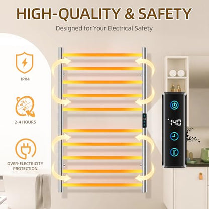 Towel Warmers for Bathroom, 10 Bar Large Heated Towel Rack, Brushed Nickel | Smart LED Control Time & Temp, IPX4 Waterproof Stainless Steel, Plug-in, Fast Heating Large Capacity for Bathroom Spa Gym