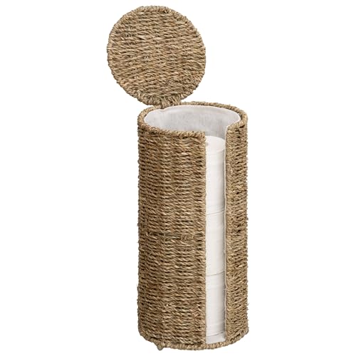 StorageWorks Seagrass Free Standing Toilet Paper Holder Stand for Bathroom, 3 Rolls of Toilet Tissue Storage with a Built-in Cloth Lining, Toilet Roll Holder Stand with Lid | 3 Rolls of Toilet Tissue Storage with a Built-in Cloth Lining, Toilet Roll Holde