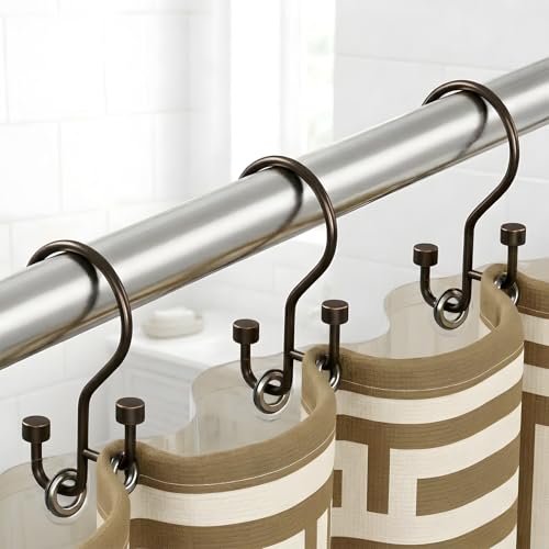Bathway 12-Pack Double Shower Curtain Hooks, Rust-Resistant Metal Shower Curtain Rings with High-Low Design to Separate Liner & Curtain, Smooth Glide, Bronze - color: Bronze
