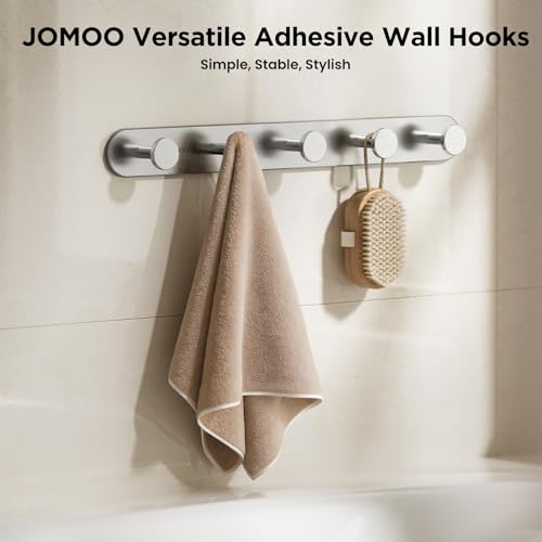 JOMOO Robe Hook, 2 Pack Adhesive Wall Hooks for Bathroom, Stainless Steel Towel Hooks with 5 Hooks Each, No Drill Shower Hooks Heavy Duty 11LBS, Brushed - color: Brushed