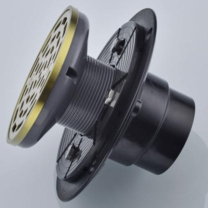 RANDOM Round Shower Drain SUS304 Stainless Steel Brushed Gold Shower Drain 4 inch with Adjustable PVC Base Flange,Shower Floor Drain with Removable Cover Grid Grate - color: A-brushed Gold-4″ Round With Base Flange
