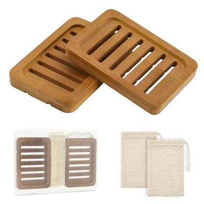 2PCS Self Draining Soap Holders, Rustic Slotted Bamboo Dish Tray, Easy Cleaning Wooden Soap Dish for Shower, Bathroom, Kitchen Sponges, Bath Tub, Packed in A Case (Acacia Style) - color: Brown