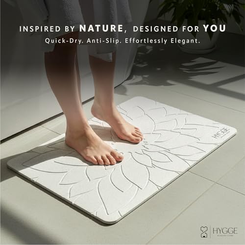 Diatomaceous Earth Stone Bath Mat - Ivory Bloom | Modern Fast Dry Bathroom Floor Shower Mat, Quick Drying Premium Diatomite Spa Stone Gift, Non-Slip Base, 23.6" x 15.4" - color: Ivory Bloom
