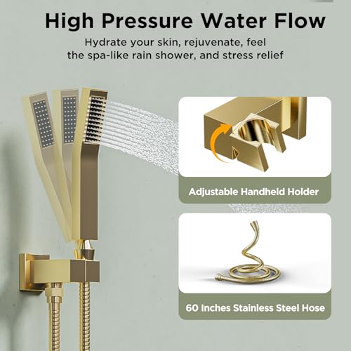 Shower Systems with 4 Body Spray Jets, STARBATH 4 Way 12+6" Rainfall Shower Head with Handheld Combo, Wall Mounted Shower Jets System in Wall Shower Faucet Sets Complete,Brushed Gold - color: Gold, size: 6"+12"-02