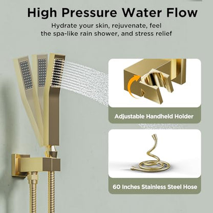 Shower Systems with 4 Body Spray Jets, STARBATH 4 Way 12+6" Rainfall Shower Head with Handheld Combo, Wall Mounted Shower Jets System in Wall Shower Faucet Sets Complete,Brushed Gold - color: Gold, size: 6"+12"-02