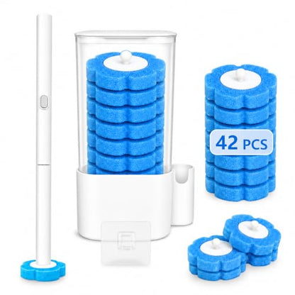 Disposable Toilet Brush with 42 Blue Refills, Toilet Bowl Cleaner Brush with Holder, Wall Mounted Toilet Wand Kit, Deep Cleaning Disposable Scrub Brush Heads