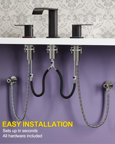 2 Pack Matte Black Waterfall Bathroom Faucet for Sink 3 Hole 8 Inch | Widespread Bathroom Sink Faucets with Pop-up Drain Supply Lines Stainless Steel 2-Handle Bathroom Sink Faucet by Homevacious - color: Matte Black X 2, size: 8 Inch Widespread