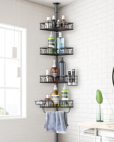 Corner Shower Caddy Tension Pole 4 Tier Adjustable Stainless Steel Shower Shelf for Inside Shower Bathtub Shampoo,Standing Bathroom Organizer Shelves with 26 to 120 inch Height - color: Black