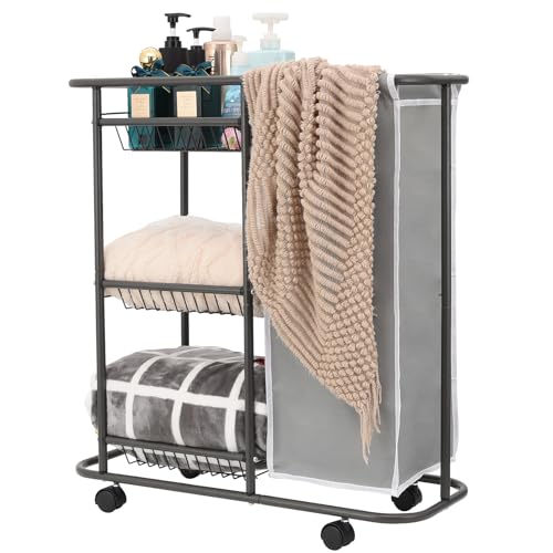 Rolling Laundry Sorter with 3 Storage Baskets and 45 L Bag, 3-Tier Laundry Caddy Between Washer and Dryer,Laundry Room Organization with Wheels and Handle for Narrow Space Bathroom Apartment Dorm | 3-Tier Laundry Caddy, Between Washer and Dryer, With Whee