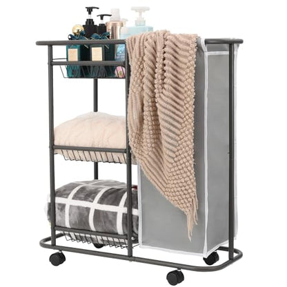 Rolling Laundry Sorter with 3 Storage Baskets and 45 L Bag, 3-Tier Laundry Caddy Between Washer and Dryer,Laundry Room Organization with Wheels and Handle for Narrow Space Bathroom Apartment Dorm | 3-Tier Laundry Caddy, Between Washer and Dryer, With Whee