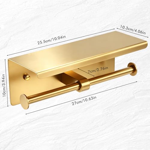 Double Toilet Paper Holder with Shelf, Wall Mount Tissue Roll Holder for Bathroom, 304 Stainless Steel Commercial Toilet Tissue Dispensers with Phone Shelf (Gold) - color: Gold