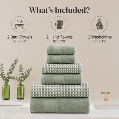 Modern Threads 6 Piece Cotton Bath Towel Set – Ultra Soft 600 GSM Towels – Bathroom Set with Hand Towels and Washcloths – Waffle (Deep Sage) - color: Deep Sage, style: Waffle