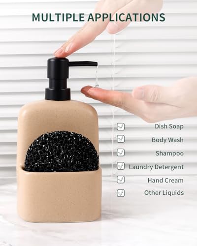 BosilunLife Dish Soap Dispenser - Linen Beige Ceramic Kitchen Soap Dispenser with Sponge Holder Matte Ceramic Soap Daddy Dispenser 20oz for Kitchen Soap Pump and Sponges Caddy - color: Linen Beige