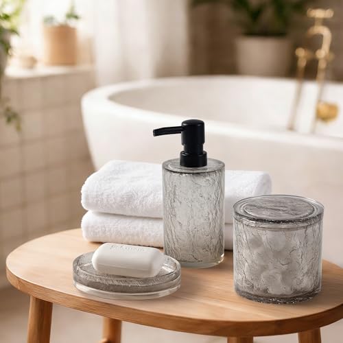 RQYIXI Resin 6-Piece Bathroom Accessories Set, Silver Crackle, Trash Can | bathroom accessories set clear resin silver ice crackle texture shatterproof unbreakable modern countertop organization - size: 6pcs