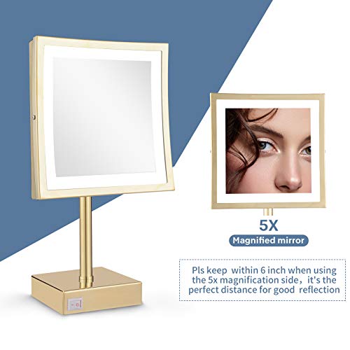 DOWRY Tabletop LED Lighted 5X Magnifying Makeup Mirror Square with Plug 8 Inch Polished Gold Finished - color: Gold