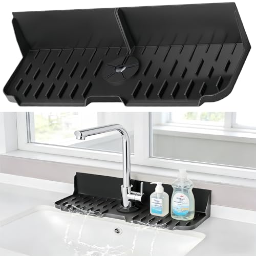 Sink Splash Guard Behind Faucet, 17" x 5.5" Silicone Faucet Drying Mat & Dish Sponge Holder, Fast Self-Draining Kitchen Sink Organizer with Adjustable Fit (Black) - color: Black