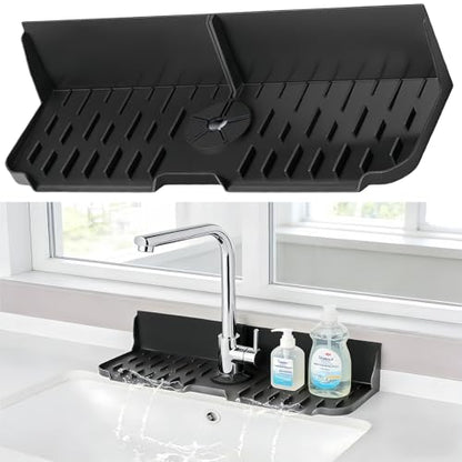 Sink Splash Guard Behind Faucet, 17" x 5.5" Silicone Faucet Drying Mat & Dish Sponge Holder, Fast Self-Draining Kitchen Sink Organizer with Adjustable Fit (Black) - color: Black