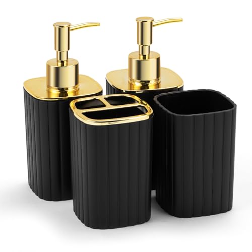 4-Piece Bathroom Accessories Set, Black and Gold Bathroom Set | includes 2 Soap Dispensers, a Toothbrush Holder and Cup, Black Gold Bathroom Decor for Modern Homes - color: Black, size: 4Pcs-B