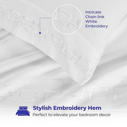 Superior Embroidered Cotton Bed Sheet Set, 1 Elastic Deep Pocket Fitted Sheet, 1 Flat Sheet, 1 Pillowcase, Daily Soft Sheets, Luxury, Unique Design, Chain Links Collection, Twin Size, White/White - color: White-white, size: Twin