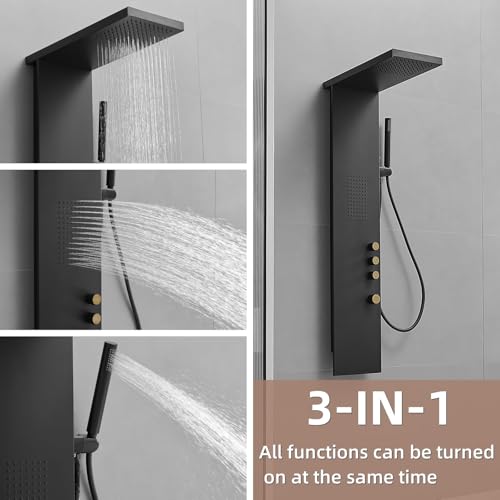 3 in 1 Shower Panel Tower System with Rainfall Shower Head, Handheld Shower Wand and Body Spray Stainless Steel Shower Tower Multi-Function Shower Panels for Bathroom, Black - color: Black, style: 3 IN 1 Shower Panel