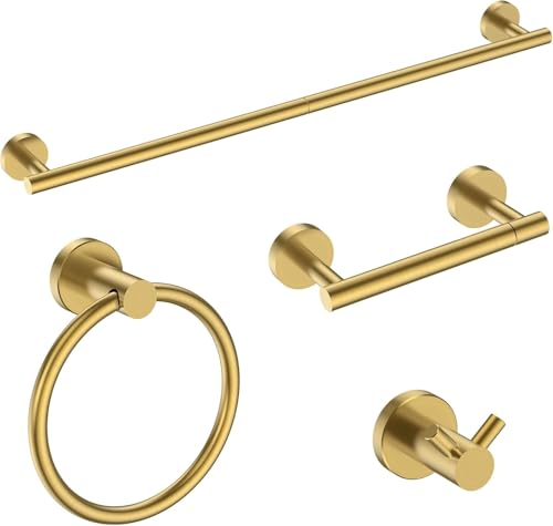 FORIOUS Bathroom Accessories, 4-Piece Bathroom Hardware Set - 18" Towel Bar | Brushed Gold | Towel Hooks, Towel Racks for Bathroom, Toilet Paper Holder Wall Mounted & Towel Ring | SUS304 Stainless Steel - color: Brushed Gold, size: 18 in | 4 Pieces