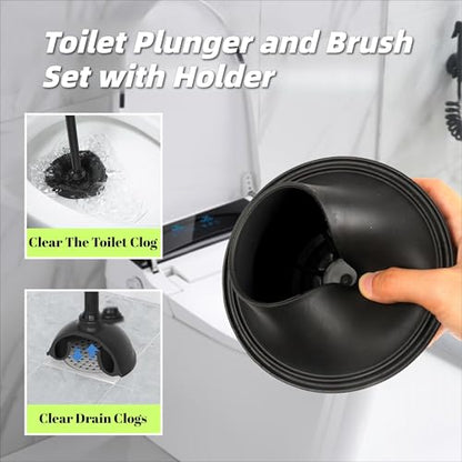 Toilet Plunger and Brush Set with Holder, 2 in 1 Bathroom Cleaning Combo, Heavy Duty Plunger with Suction Cup and Deep Cleaning Brush, Space Saving Caddy for Bathroom Organization, Black