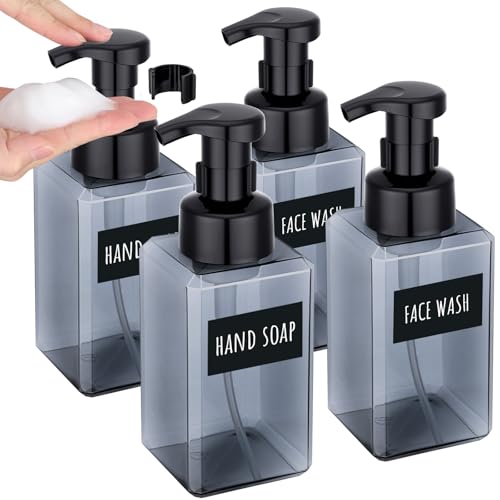 Segbeauty Plastic Foam Soap Dispenser for Kitchen 15.2oz 4pcs, 450ml Gray Foaming Bathroom Countertop Soap Dispensers, Foam Pump Bottle with Waterproof Stickers, Square Liquid Pump Foamer Bottles Set - color: Gray, style: 4pcs 15.2oz