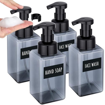 Segbeauty Plastic Foam Soap Dispenser for Kitchen 15.2oz 4pcs, 450ml Gray Foaming Bathroom Countertop Soap Dispensers, Foam Pump Bottle with Waterproof Stickers, Square Liquid Pump Foamer Bottles Set - color: Gray, style: 4pcs 15.2oz