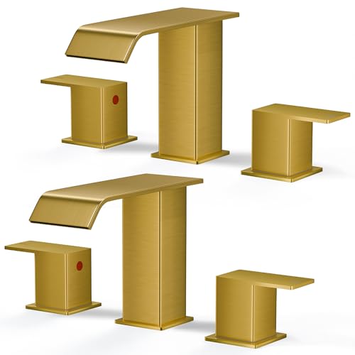 FORIOUS Bathroom Sink Faucets 3 Hole 2 Pack 8 Inch Widespread Brushed Gold | 3-hole 4-12 Inch Widespread Sink, Square Waterfall Spout, with Drain and Hoses,for Vanity Rv Commercial Lavatory Restroom - color: Brushed Gold x2PCS