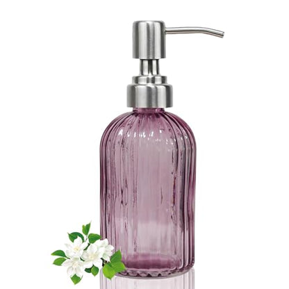 14Oz Purple Glass Soap Dispenser Bathroom, Stainless Steel Pump, Stripe | Clear Glass Liquid Hand Soap Dispensers, Refillable Dish Soap Dispenser for Kitchen, Countertop Soap Dispensers - color: Purple